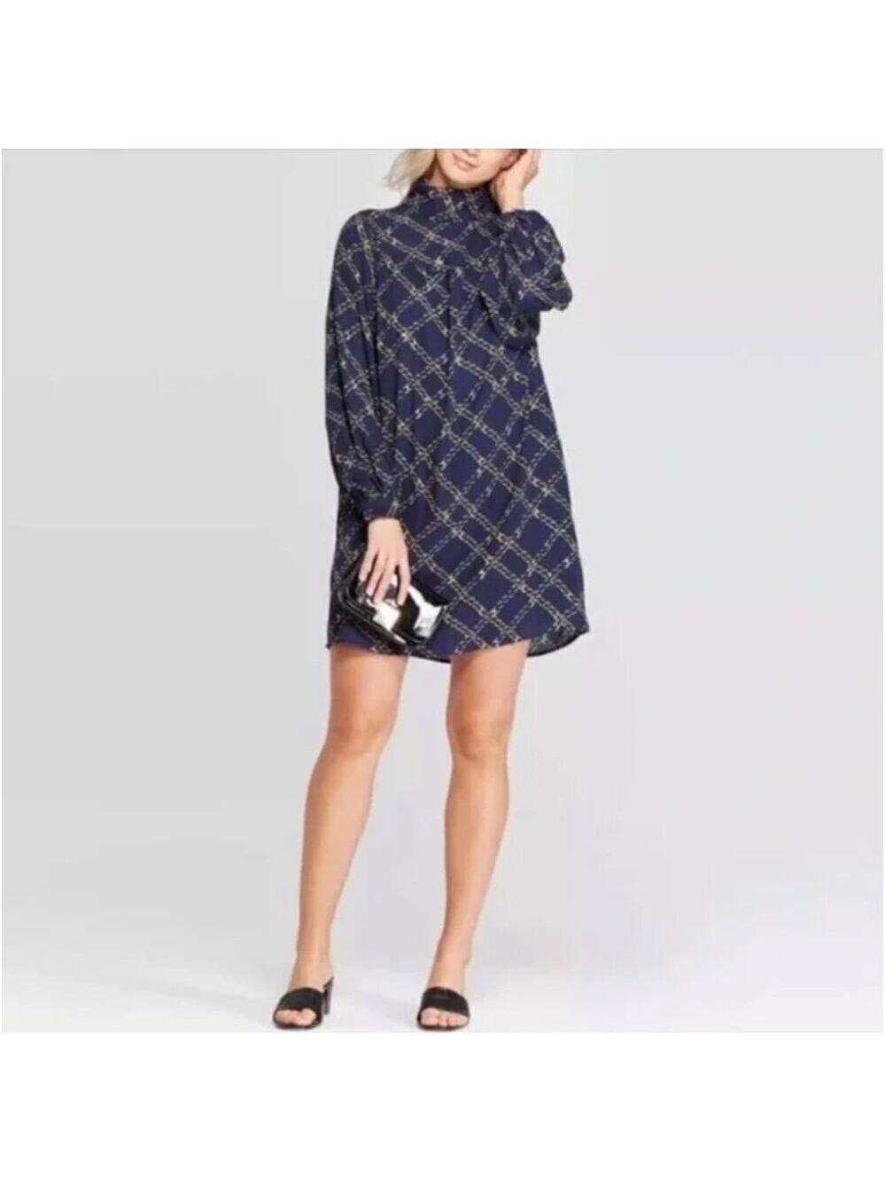 WHO WHAT WHERE Blue/Gold Chain Print Long Sleeve High Collar Dress Size XS